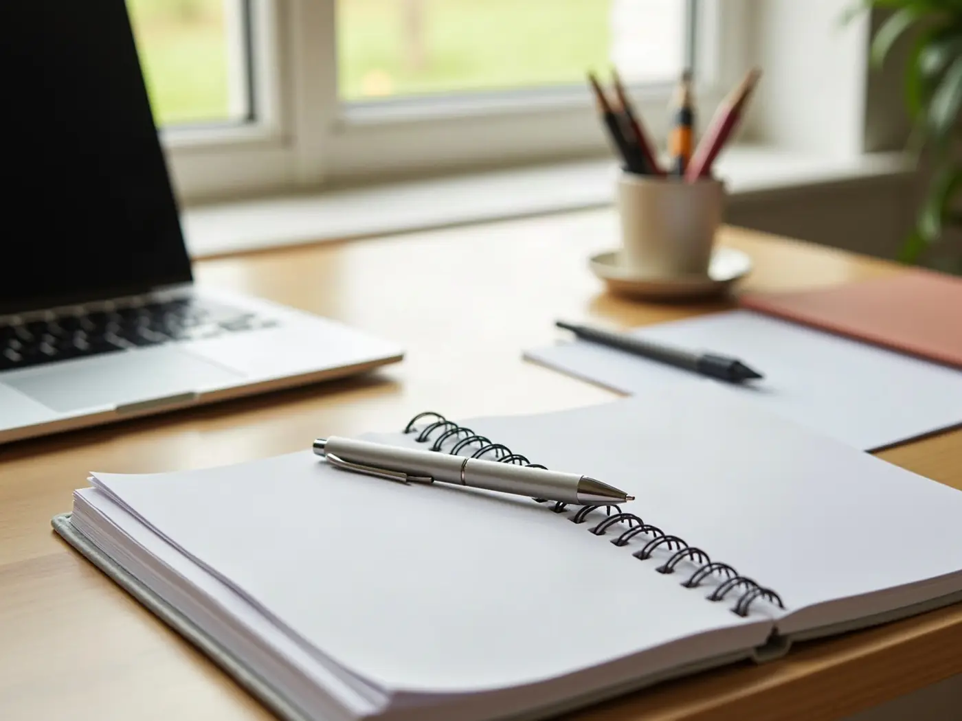 Bureau clair vu de dessus avec un carnet ouvert, un stylo et un ordinateur portable affichant une page blanche, lumière naturelle.
